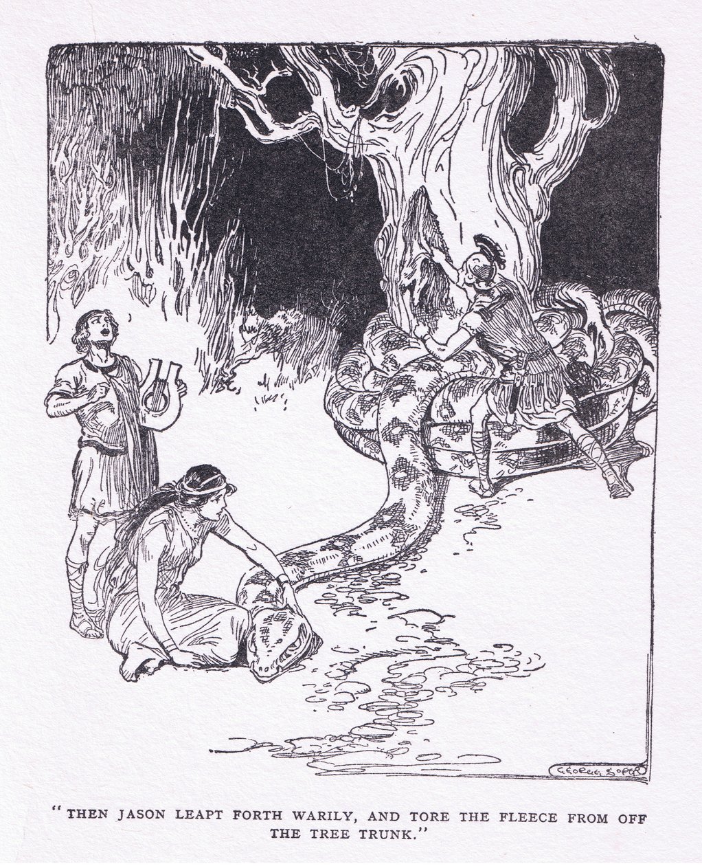 Dann sprang Jason müde hervor und riss das Vlies vom Baumstamm, aus Die Helden, veröffentlicht von George Allen und Unwin 1929 von George Soper