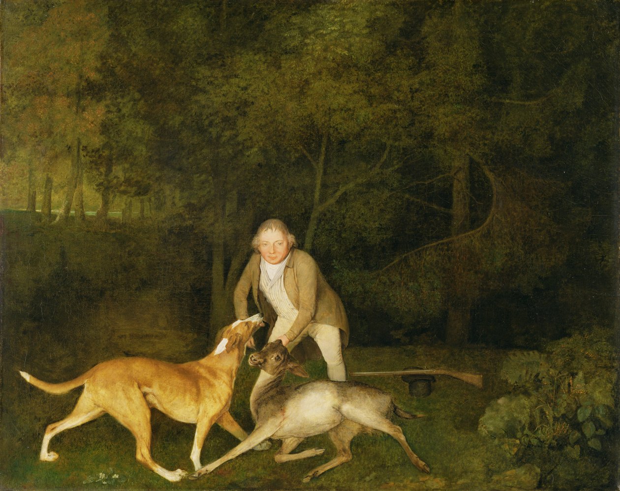 Freeman, der Wildhüter des Earl of Clarendon, mit einem sterbenden Reh und einem Hund von George Stubbs