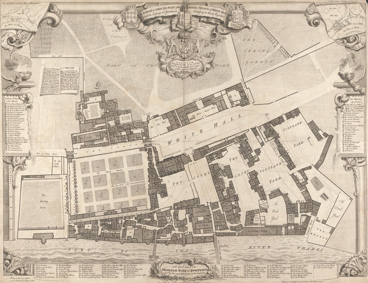 Eine Vermessung und Grundriss des Königspalastes in Whitehall von George Vertue