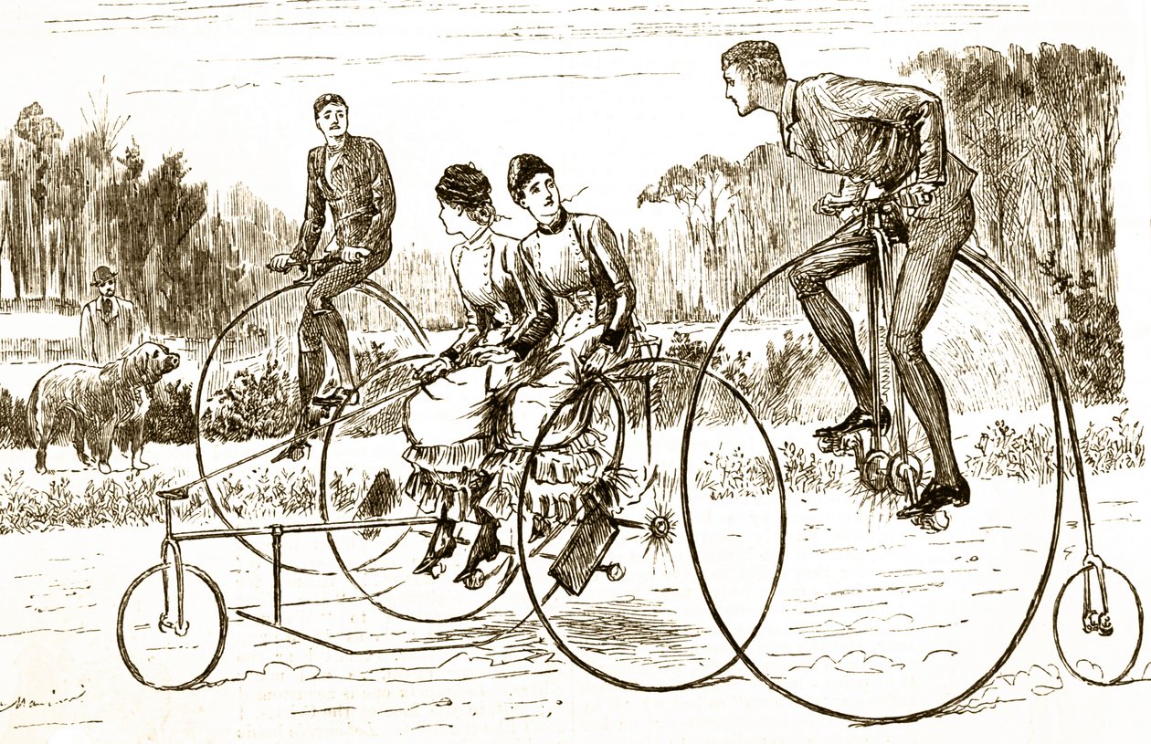Karikatur einer Gruppe junger Leute, die Dreiräder fahren. Illustriert von George du Maurier (1834-1896), einem französisch-britischen Karikaturisten und Autor von George du Maurier
