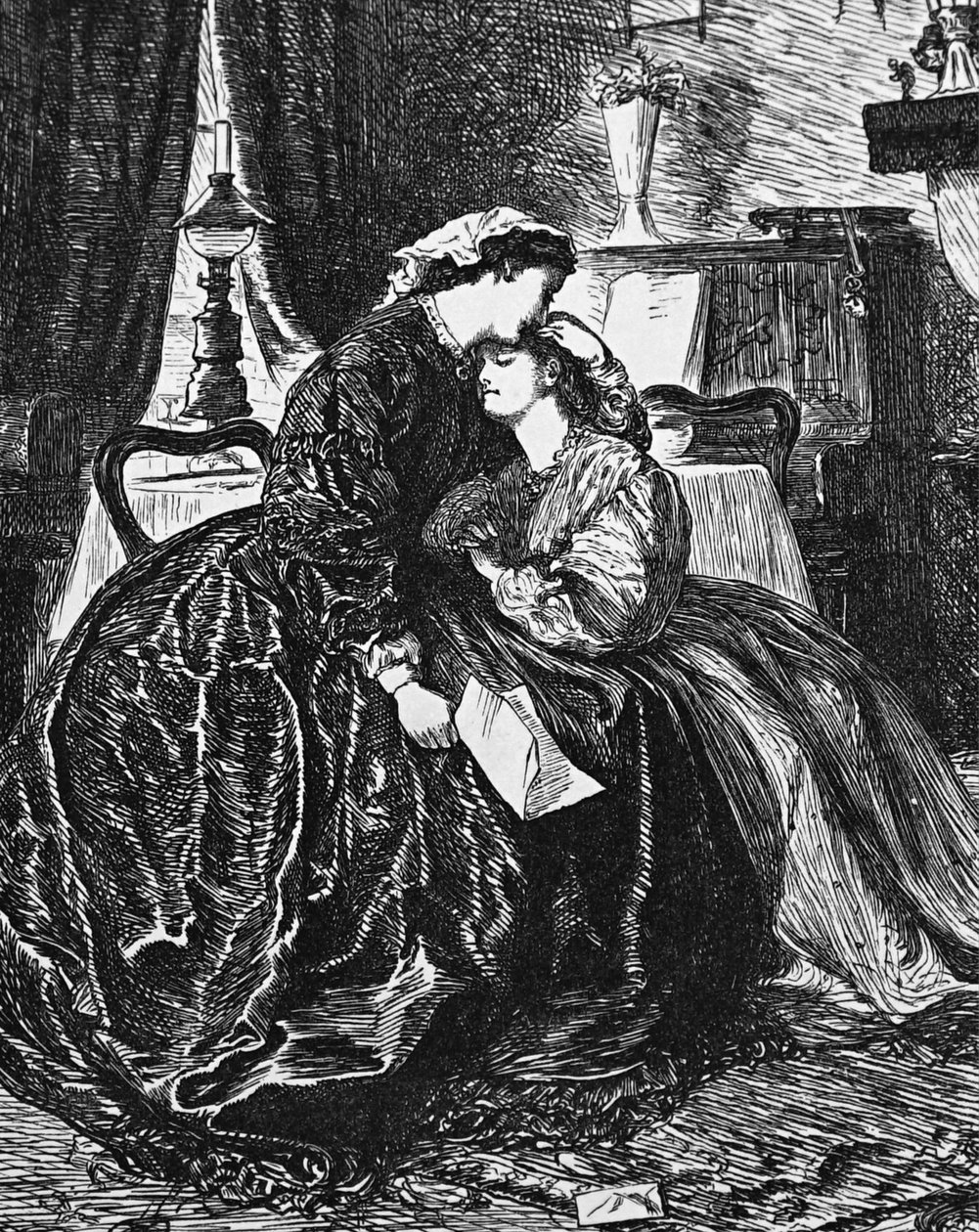 Eine Mutter und Tochter erhalten Nachricht von der schweren Krankheit des Ehemanns/Vaters von George du Maurier