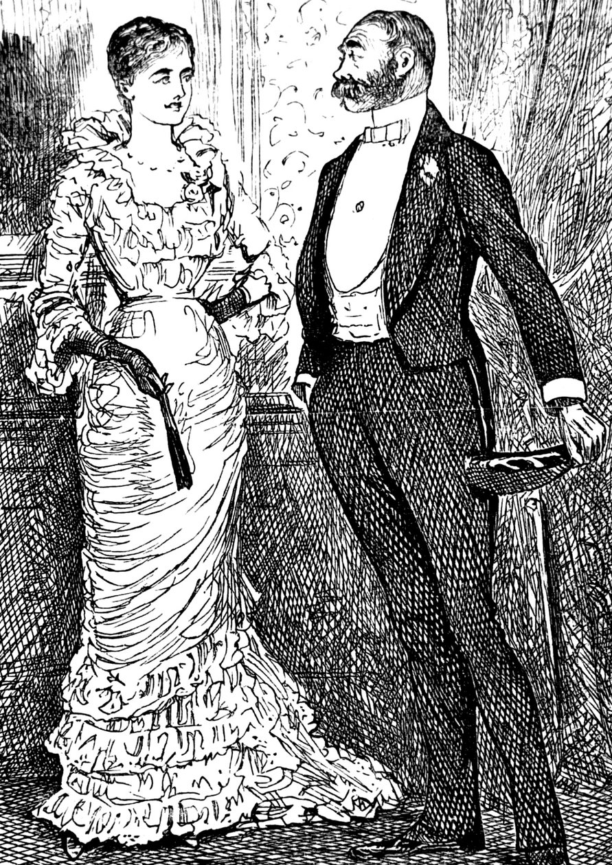 Eine Frau und ein Herr in formeller Kleidung von George du Maurier