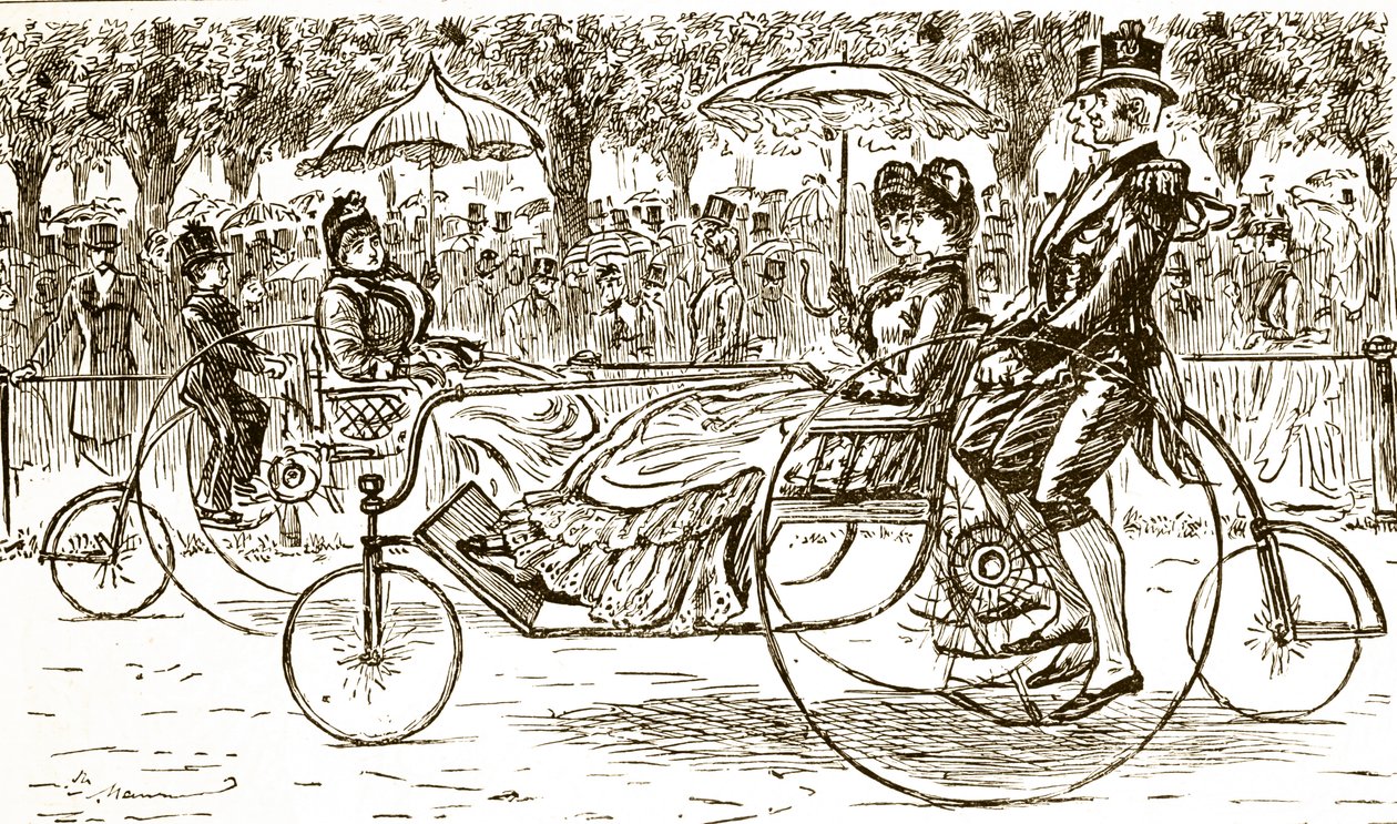 Eine Gravur, die Passagiere zeigt, die in Fahrradkutschen fahren. Illustriert von George du Maurier (1834-1896), ein franco-britischer Karikaturist und Autor von George du Maurier