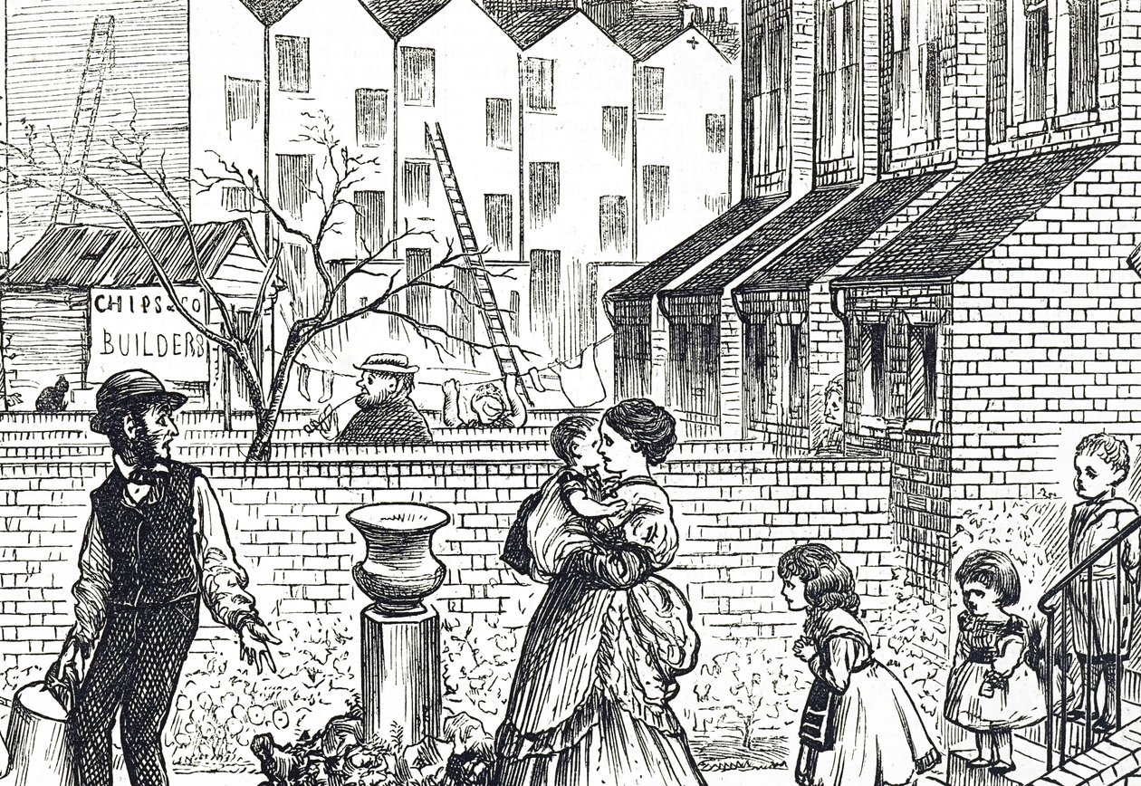 Karikatur, die die schnelle städtische Expansion und den Pfusch am Bau kommentiert von George du Maurier