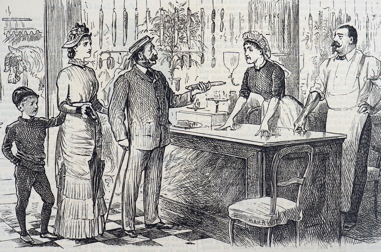 Karikatur, die das wackelige Verständnis des durchschnittlichen Engländers für das metrische System kommentiert von George du Maurier