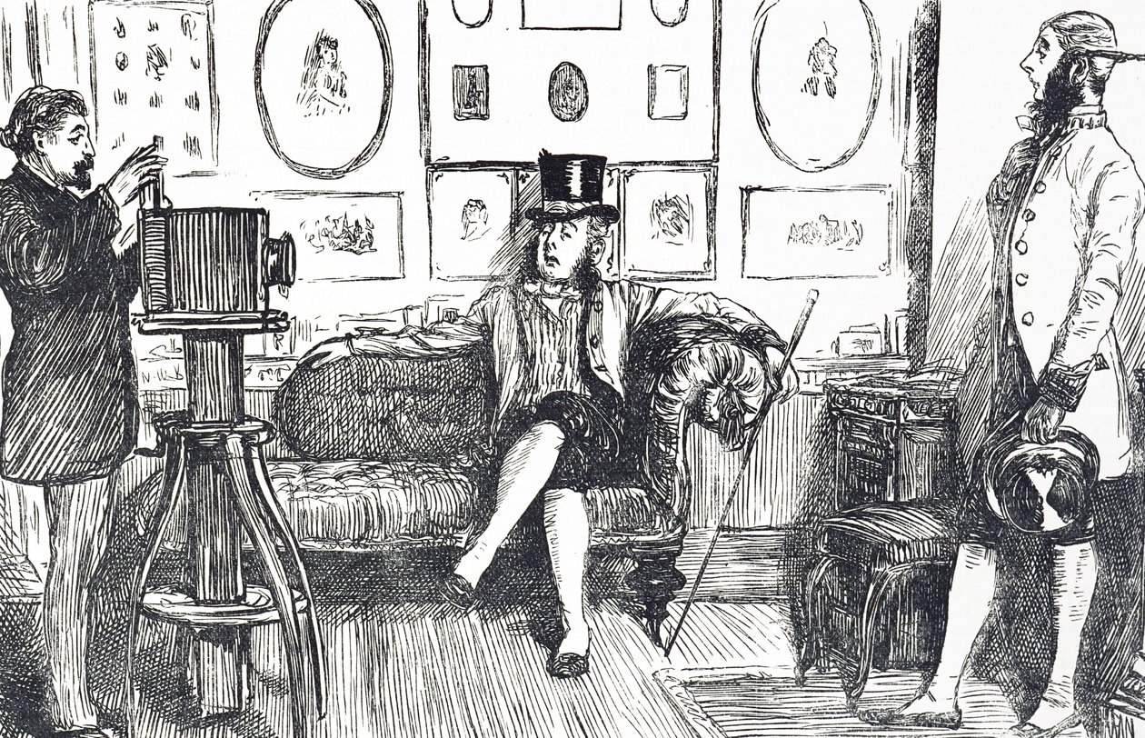 Karikatur, die den Unkomfort kommentiert, den man beim Fotografieren erleidet: Aufgrund der langen Belichtungszeit, die für frühe Prozesse erforderlich war, musste das Motiv lange Zeit eine Pose halten, und es wurden geniale Vorrichtungen entwickelt, um di von George du Maurier