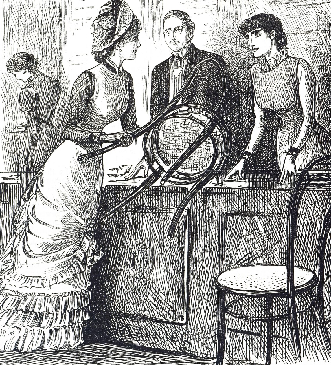 Karikatur, die die Arbeitsbedingungen von Ladenangestellten kommentiert von George du Maurier