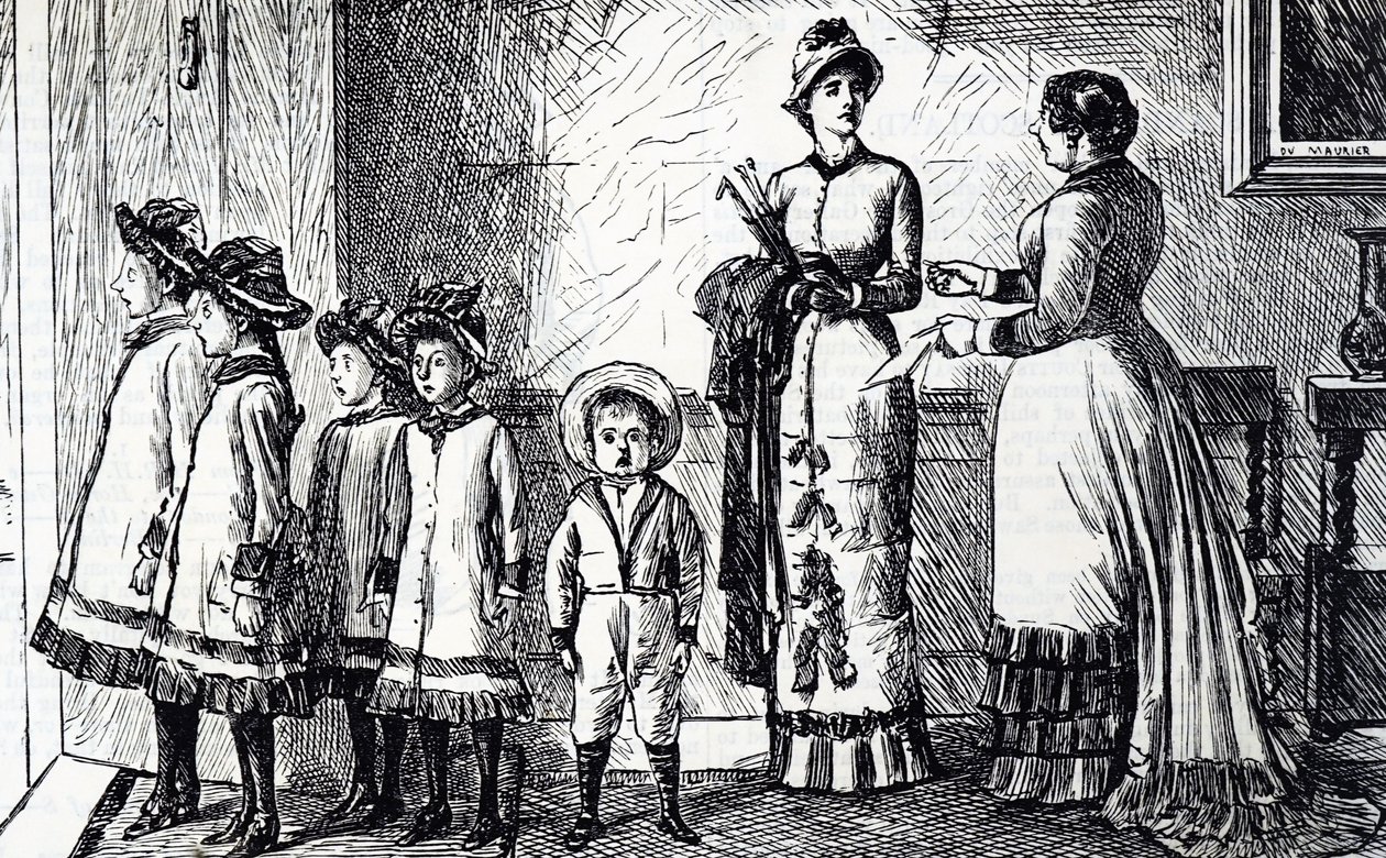 Karikatur, die eine Mutter mit ihren Kindern zeigt von George du Maurier