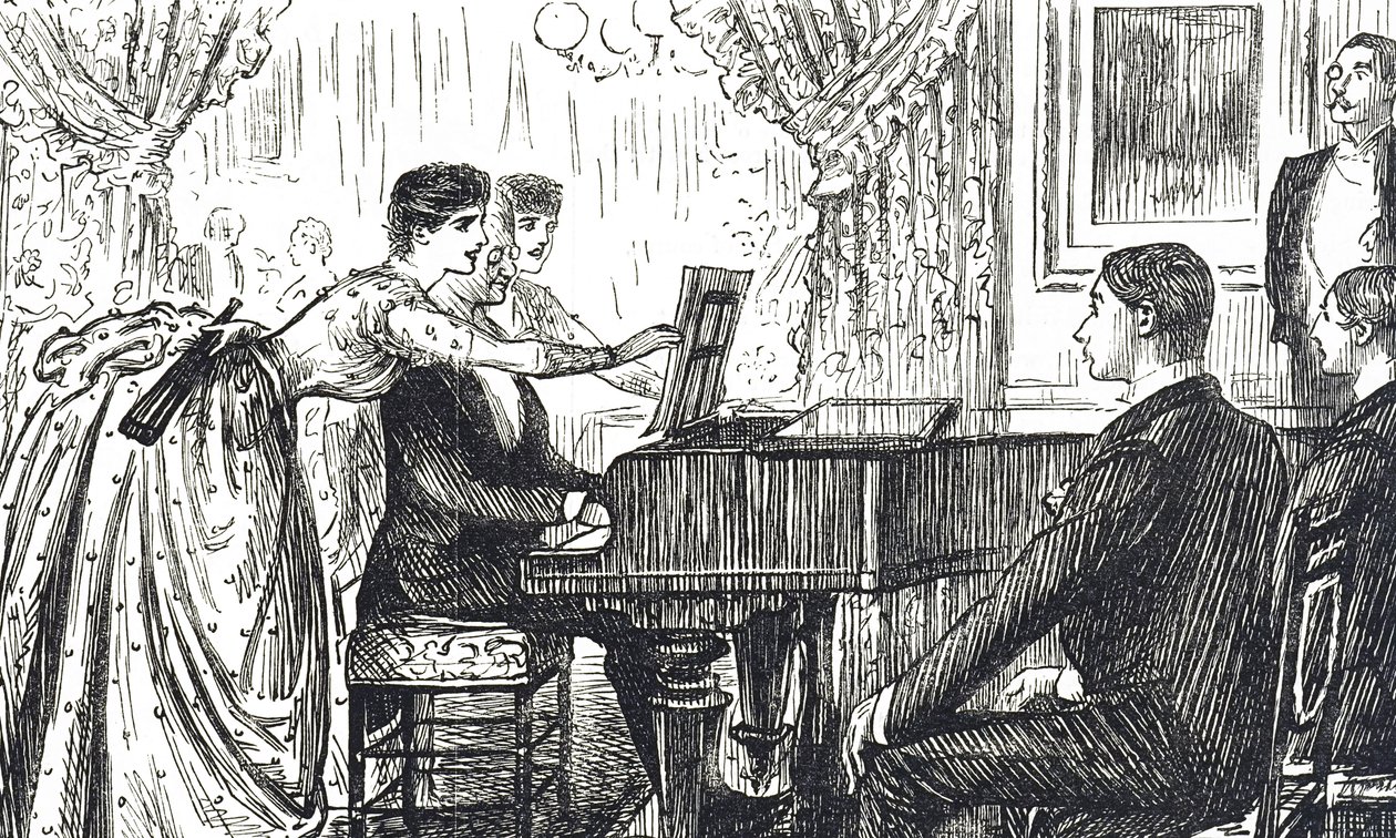 Karikatur, die einen musikalischen Abend zu Hause darstellt von George du Maurier