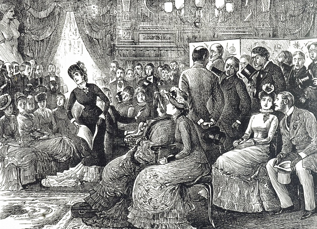 Karikatur, die ein typisches Wohnzimmerkonzert zeigt von George du Maurier