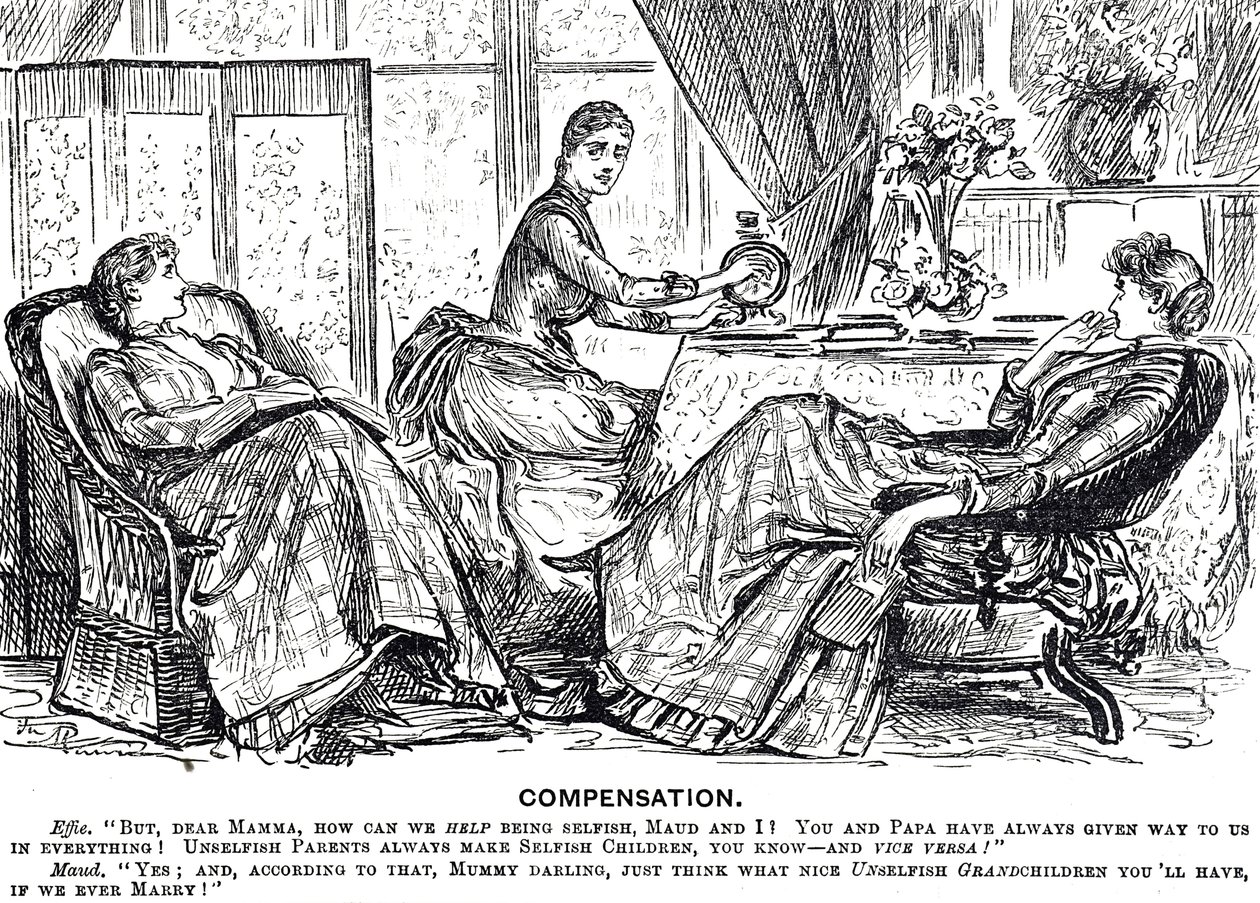 Karikatur einer Frau, die eine handbetriebene Nähmaschine benutzt von George du Maurier