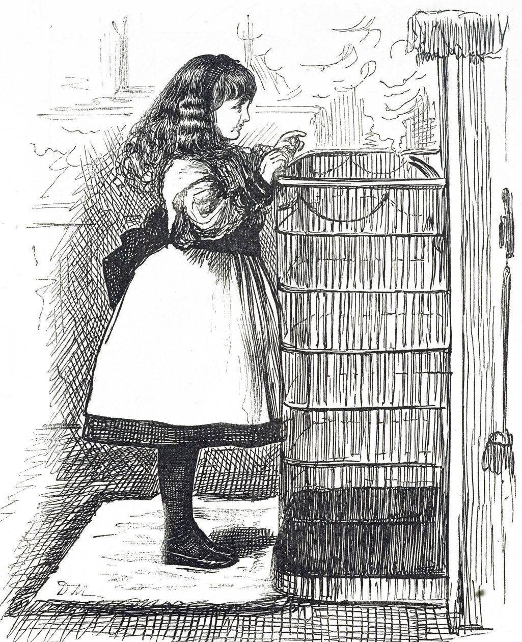 Karikatur, die ein junges Mädchen vor einem großen Feuerkorb zeigt von George du Maurier