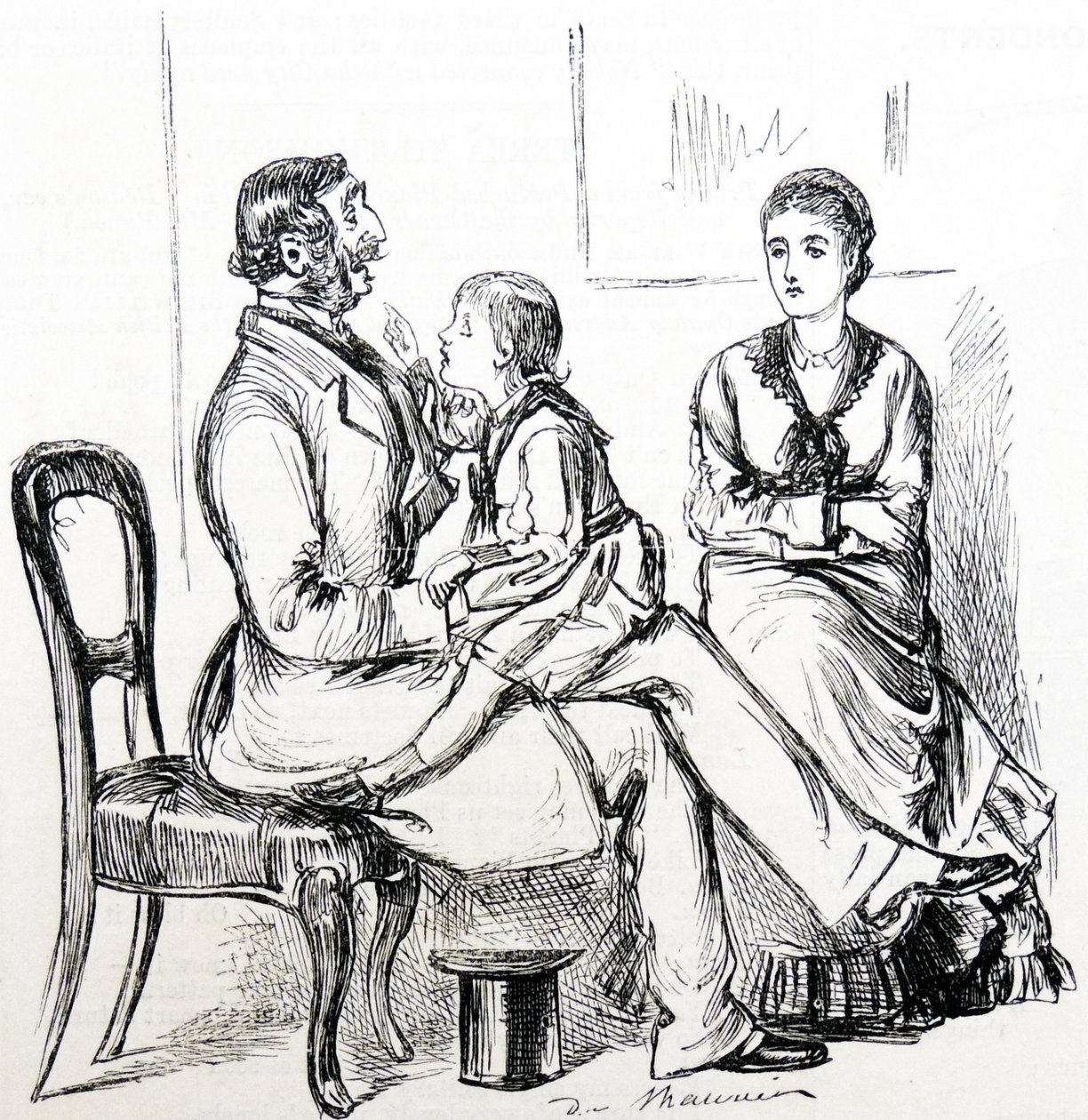 Kind fasziniert von Gummi, das zum Befestigen von falschen Zähnen verwendet wird von George du Maurier