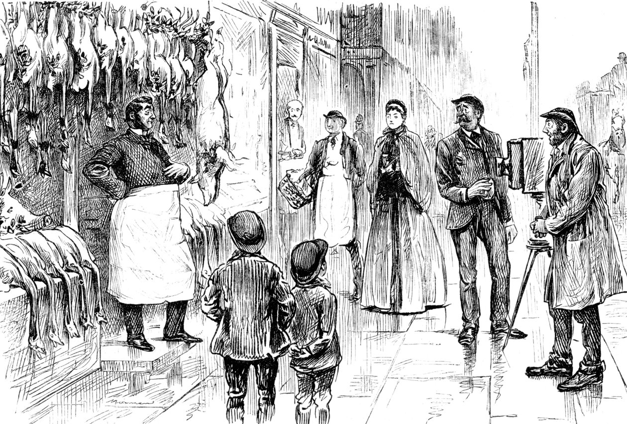 Gravur, die einen Metzger und Geflügelhändler zeigt, der vor seiner Weihnachtsauslage von George du Maurier fotografiert wird. George du Maurier (1834-1896), ein franco-britischer Karikaturist und Autor. Datiert 19. Jahrhundert von George du Maurier