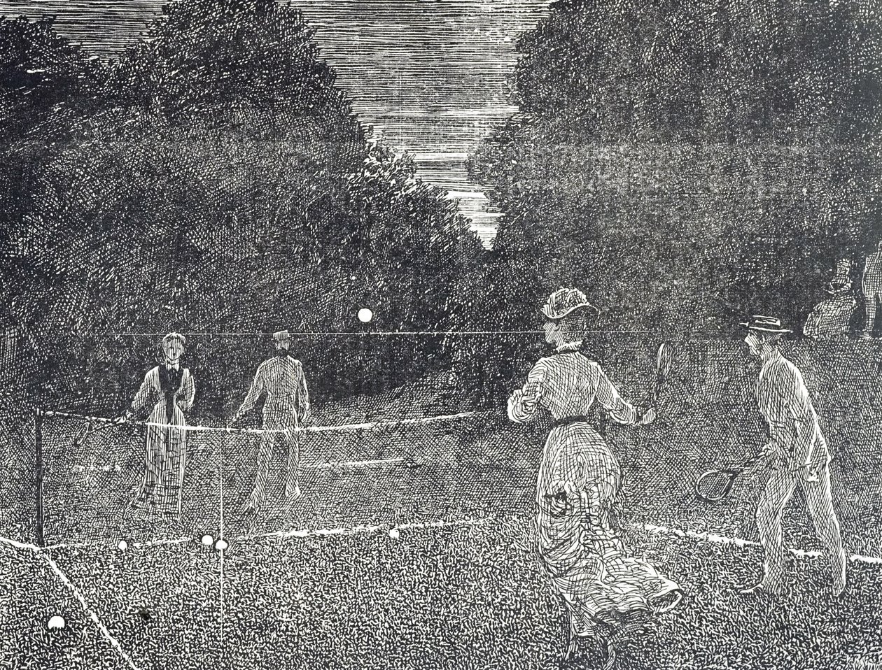Gravur, die die Verwendung von weißer Phosphorfarbe empfiehlt, die Tennisspielern empfohlen wird von George du Maurier