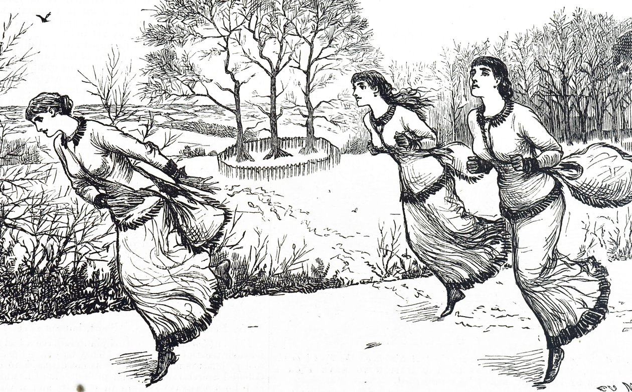 Illustration von Mädchen, die die Spur für den Hasen und die Hunde legen von George du Maurier