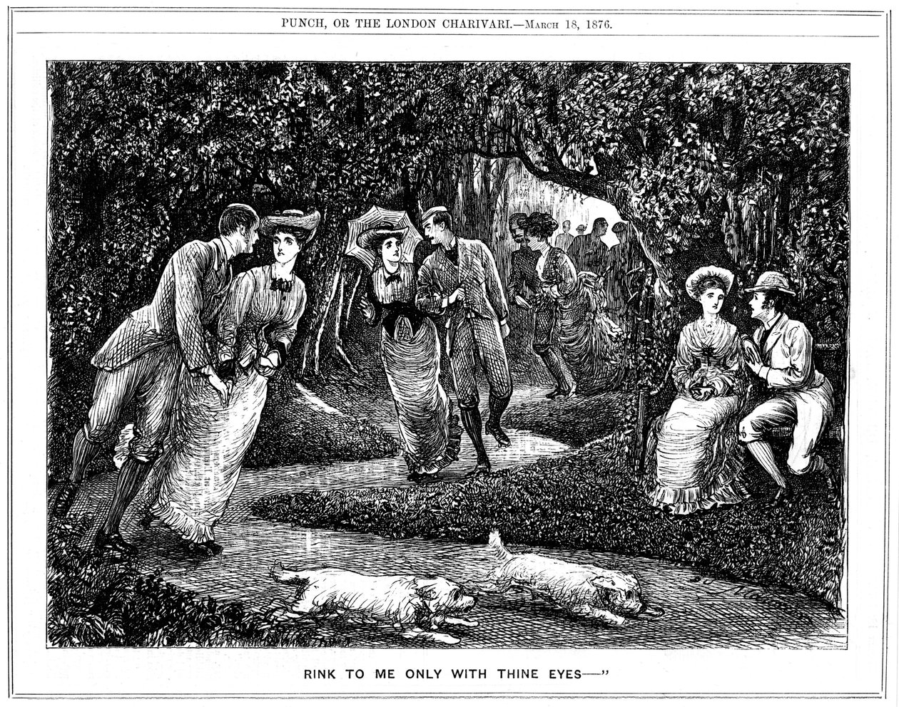 Zunehmende Beliebtheit des Rollschuhs. George du Maurier Karikatur aus Punch von George du Maurier