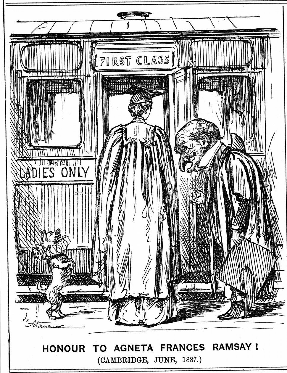 Mr. Punch verneigt sich vor Agneta Frances Ramsay, die mit Auszeichnung bestand, aber keinen Abschluss erhalten konnte, da Cambridge zu dieser Zeit keine Abschlüsse an Frauen vergab. George du Maurier Karikatur aus Punch, London, 2. Juli 1887. Gravur von George du Maurier