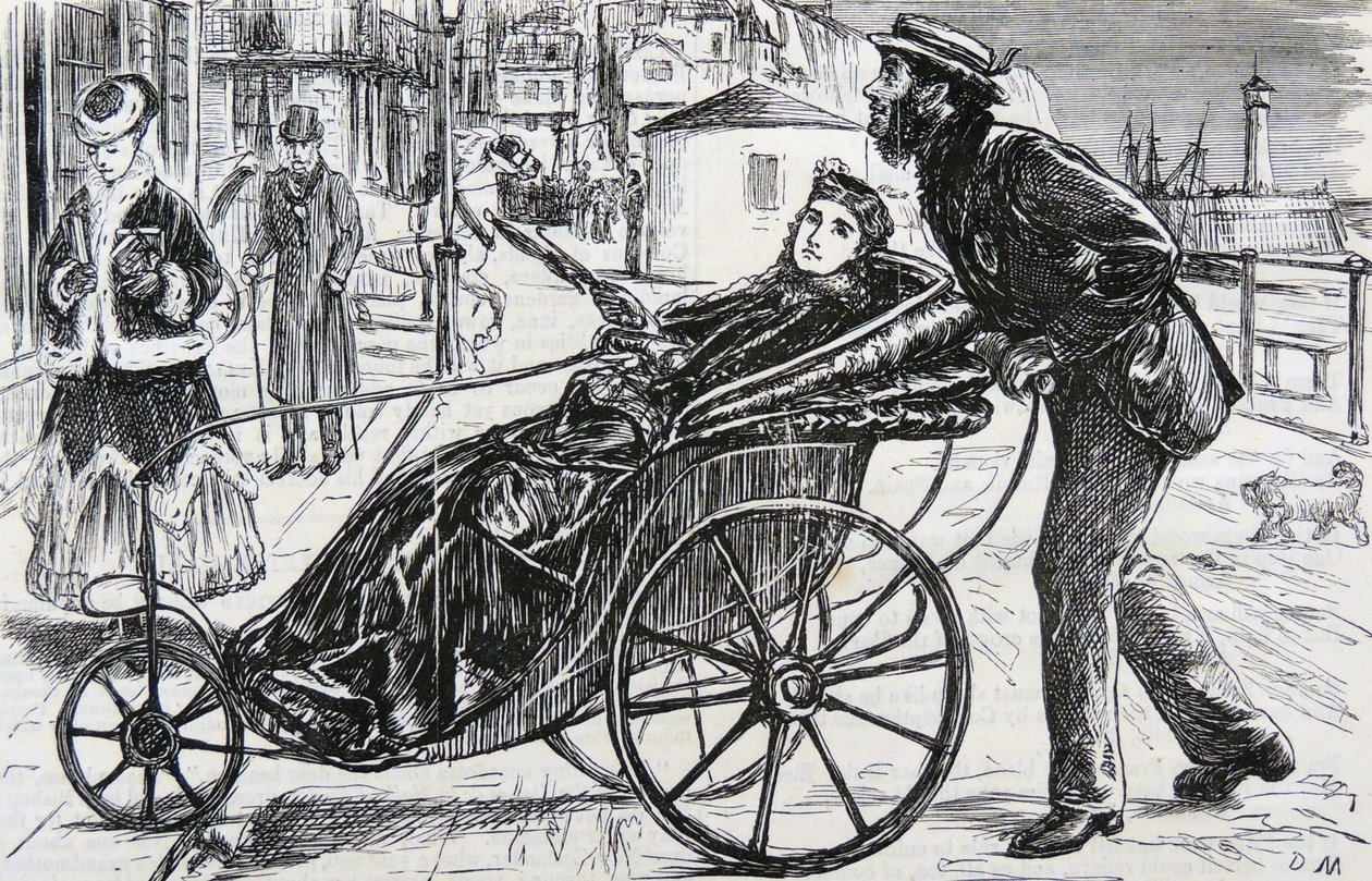 Patrick schiebt den Badestuhl der Dame von George du Maurier