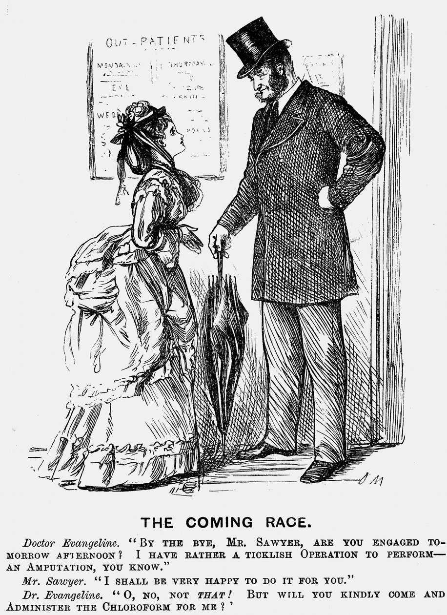Die kommende Rasse. Der Chirurg der Zukunft. George du Maurier Karikatur aus Punch London 14. September 1872 zeigt die herablassende Haltung, die Frauen im medizinischen Beruf von männlichen Kollegen erwarten konnten. Gravur. von George du Maurier