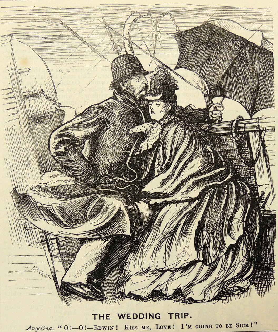 Die Hochzeitsreise: Flitterwochenpaar leidet unter Seekrankheit beim Überqueren des Ärmelkanals. George du Maurier Karikatur aus „Punch“, London von George du Maurier