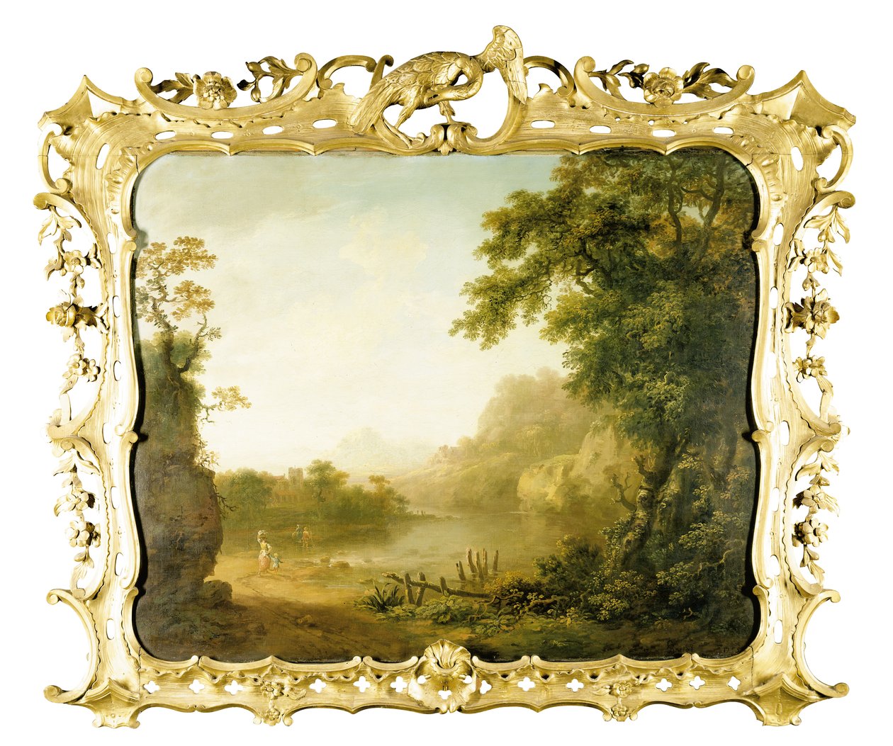 Eine italienische bewaldete Flusslandschaft mit Figuren im Vordergrund und einem Dorf dahinter von George the Elder Barret