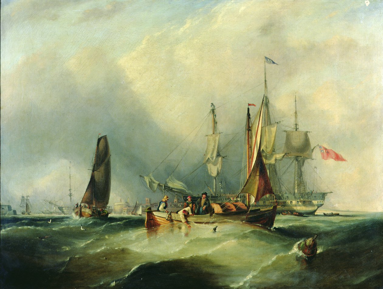 Ein Kriegsschiff und Fischerboote vor Southsea von George the Elder Chambers