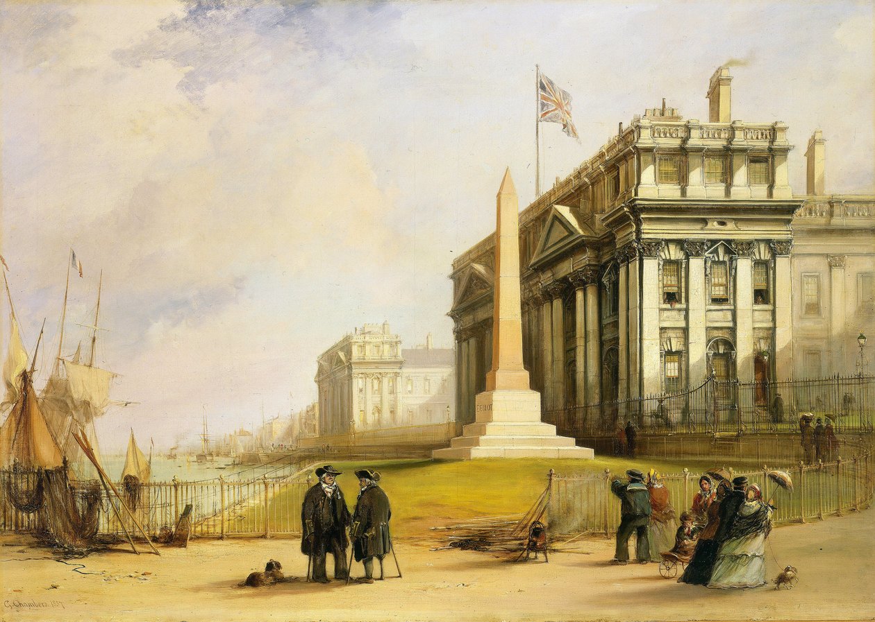Der Bellot-Obelisk im Greenwich Hospital, London (England), ein Denkmal zur Erinnerung an den französischen Leutnant Joseph René Bellot, der 1853 bei der Suche nach der verlorenen Expedition von John Franklin (1756-1847) in der Arktis starb von George the Elder Chambers