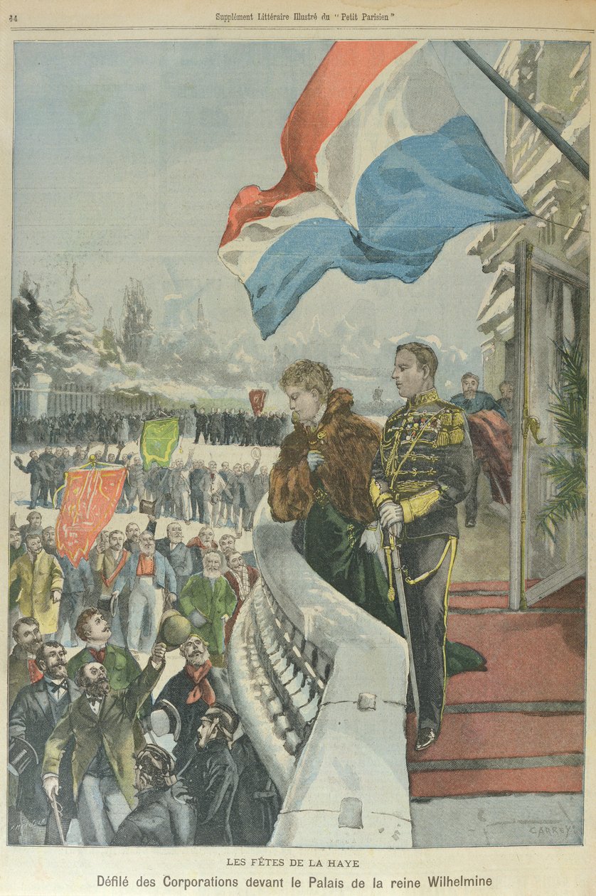 Prozession der Korporationen in Den Haag vor Königin Wilhelmina der Niederlande zur Feier ihrer Hochzeit mit Herzog Heinrich von Mecklenburg, Februar 1901 von Georges (after) Carrey
