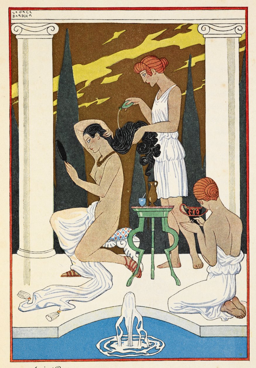 Antikes Rom. Eine Person lässt sich von Dienern die Haare waschen. von Georges Barbier
