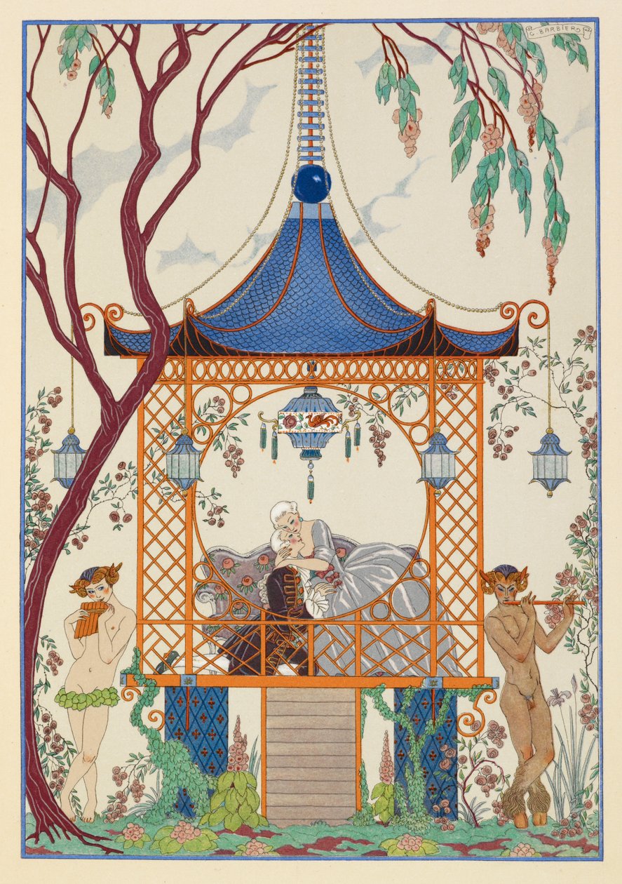 Kythera. Ein Mann und eine Frau in einem Pavillon, die sich umarmen. Mythische Kreaturen draußen, die Flöten spielen. von Georges Barbier