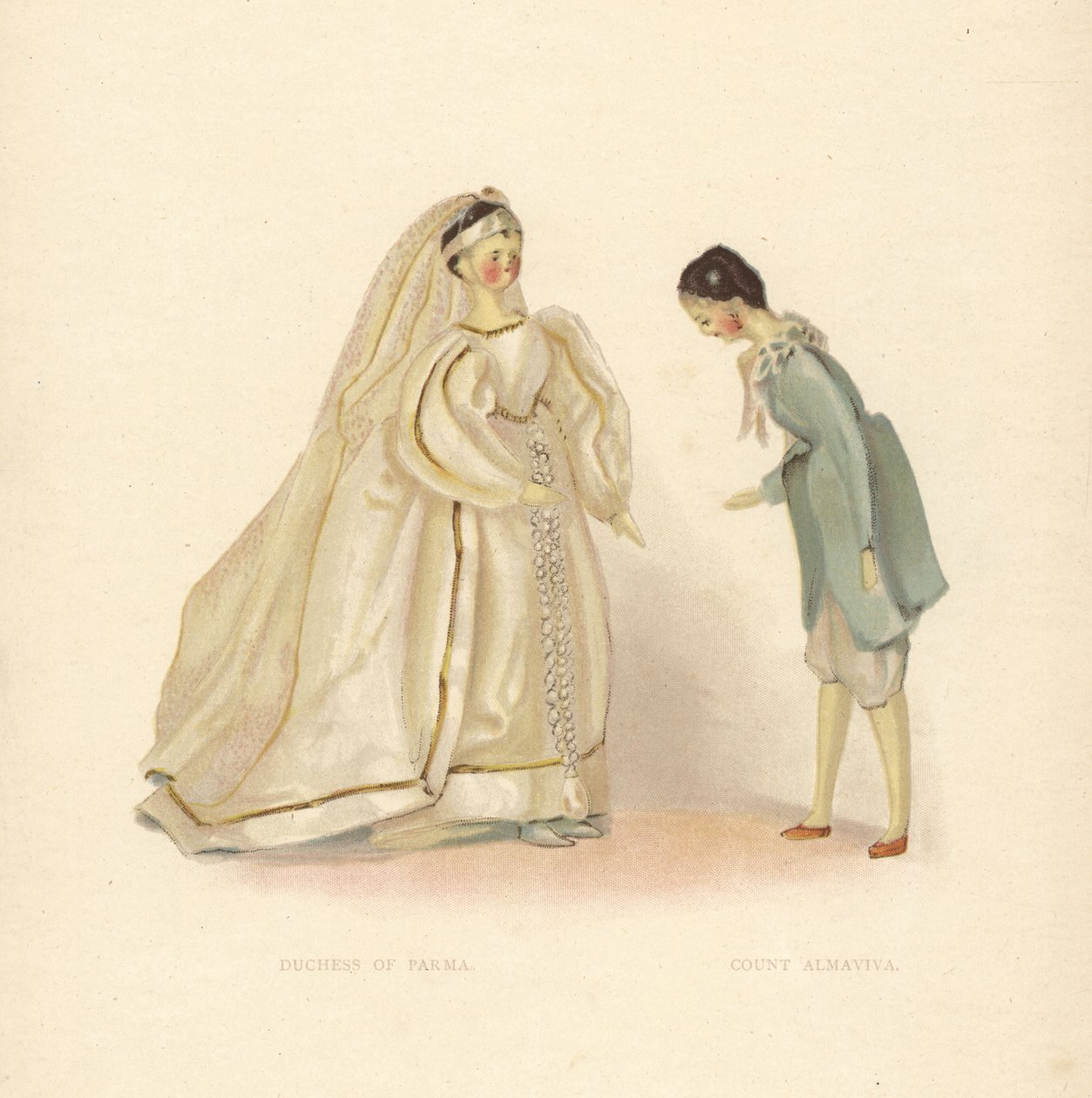Puppen der Herzogin von Parma und Graf Almaviva, aus Der Barbier von Sevilla, gekleidet von der jungen Prinzessin Victoria. Farbtafel nach einer Illustration von Alan Wright aus Frances H. Lows Queen Victoria