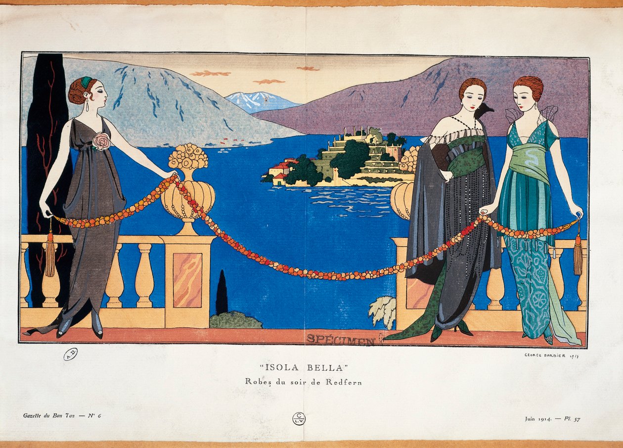 Modeplatte von Georges Barbier, die Damen im Redfern-Abendkleid und Borromean Isola Bella im Hintergrund darstellt, Pariser Haute Couture Journal Gazette du Bon Ton von Georges Barbier