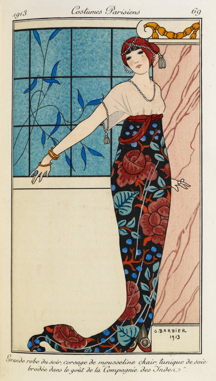 Großes Abendkleid, Mieder aus hautfarbener Musselin, Tunika aus bestickter Seide im Stil der „Compagnie des Indes“. Costumes Parisiens Nr. 69. Frau trägt ein Abendkleid mit einem Mieder aus Chiffon und einer bestickten Seidentunika. Sie trägt auch einen ro von Georges Barbier