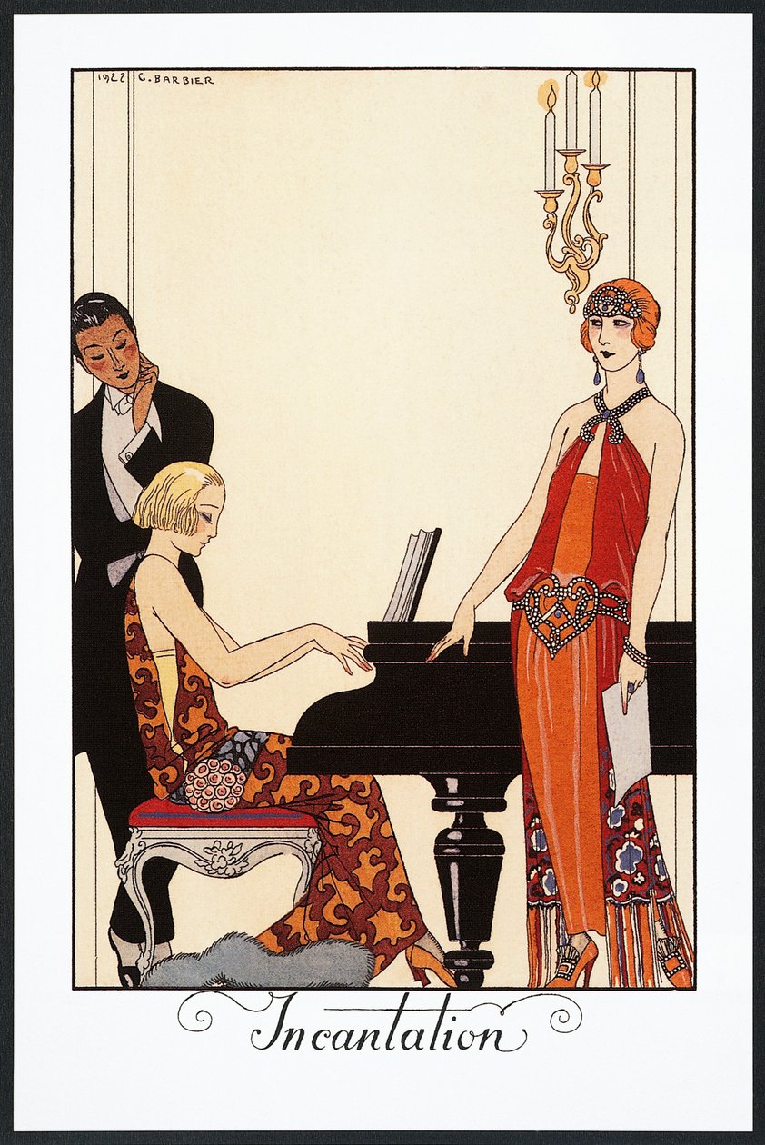 Beschwörung, Pianist und Frau in Abendkleidern, Illustration aus Falbalas et Fanfreluches, Almanach von 1923 von Georges Barbier