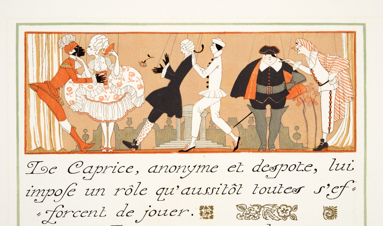 Le Caprice, aus Personages de Comedie, veröffentlicht 1922 von Georges Barbier