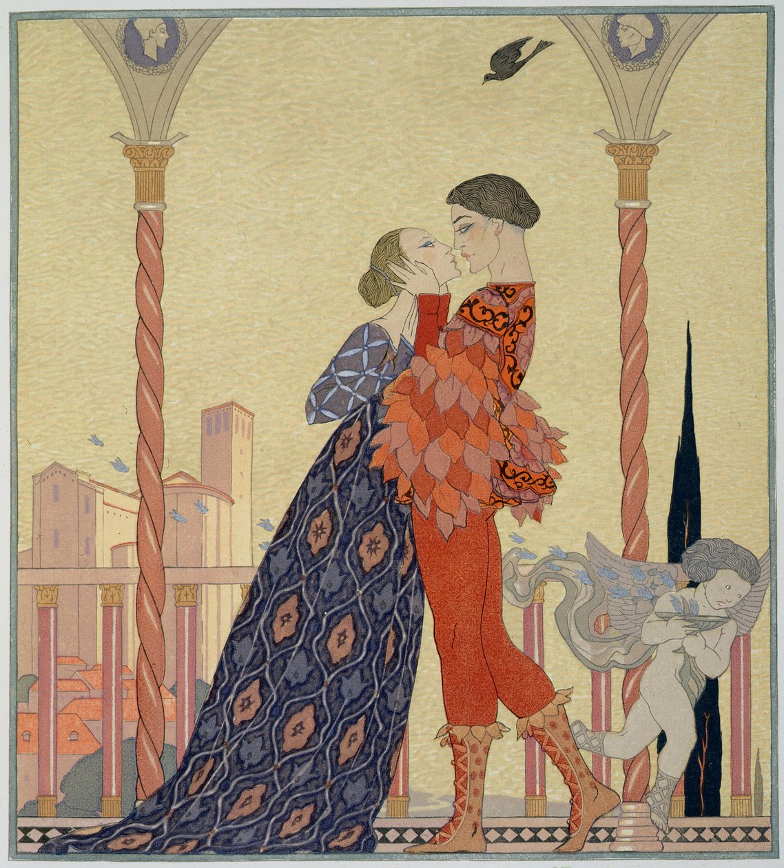 Liebende auf einem Balkon von Georges Barbier