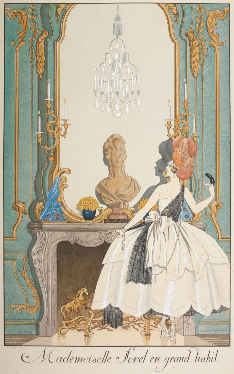 Mademoiselle Sorel in großem Habit. Eine Frau steht vor einem Kamin. von Georges Barbier