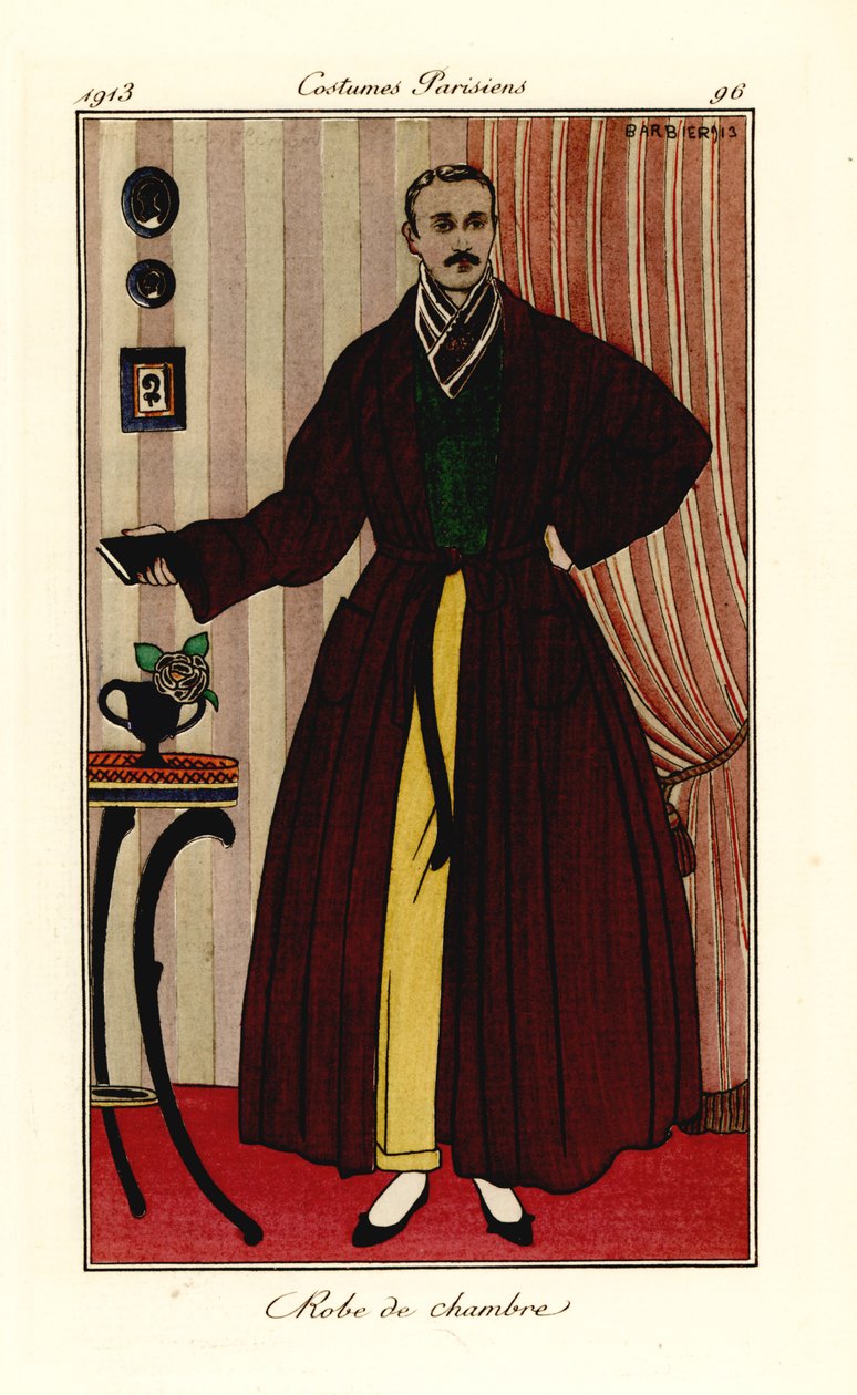 Mann im Morgenmantel über gelber Hose und grüner Weste. Robe de chambre. Handkolorierte Pochoir-Radierung nach einer Illustration von George Barbier aus Tommaso Antonginis Journal des Dames et des Modes, Aux Bureaux du Journal des Dames, Paris von Georges Barbier
