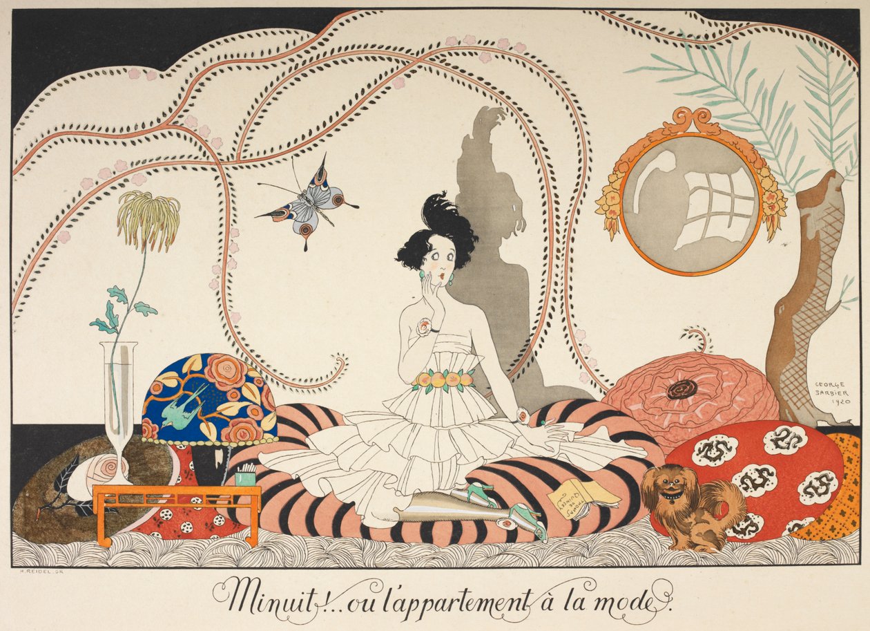 Mitternacht! .. oder die modische Wohnung. Eine Frau sitzt zwischen vielen Kissen. Ihr Haustierhund ist bei ihr. von Georges Barbier