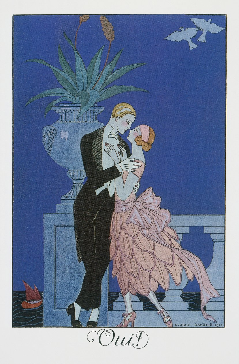 Oui, Zwei junge Verlobte in Abendkleidung, Lithographie von George Barbier (1882-1932), aus Falbalas et Fanfreluches, Almanach des Modes Presentes, Passees et Futures von Georges Barbier