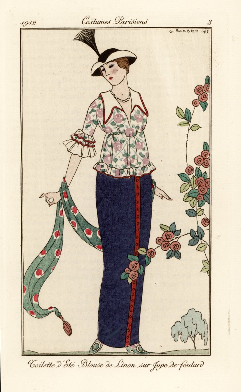 Sommeroutfit mit Blumenleinenbluse und Foulardrock von Georges Barbier