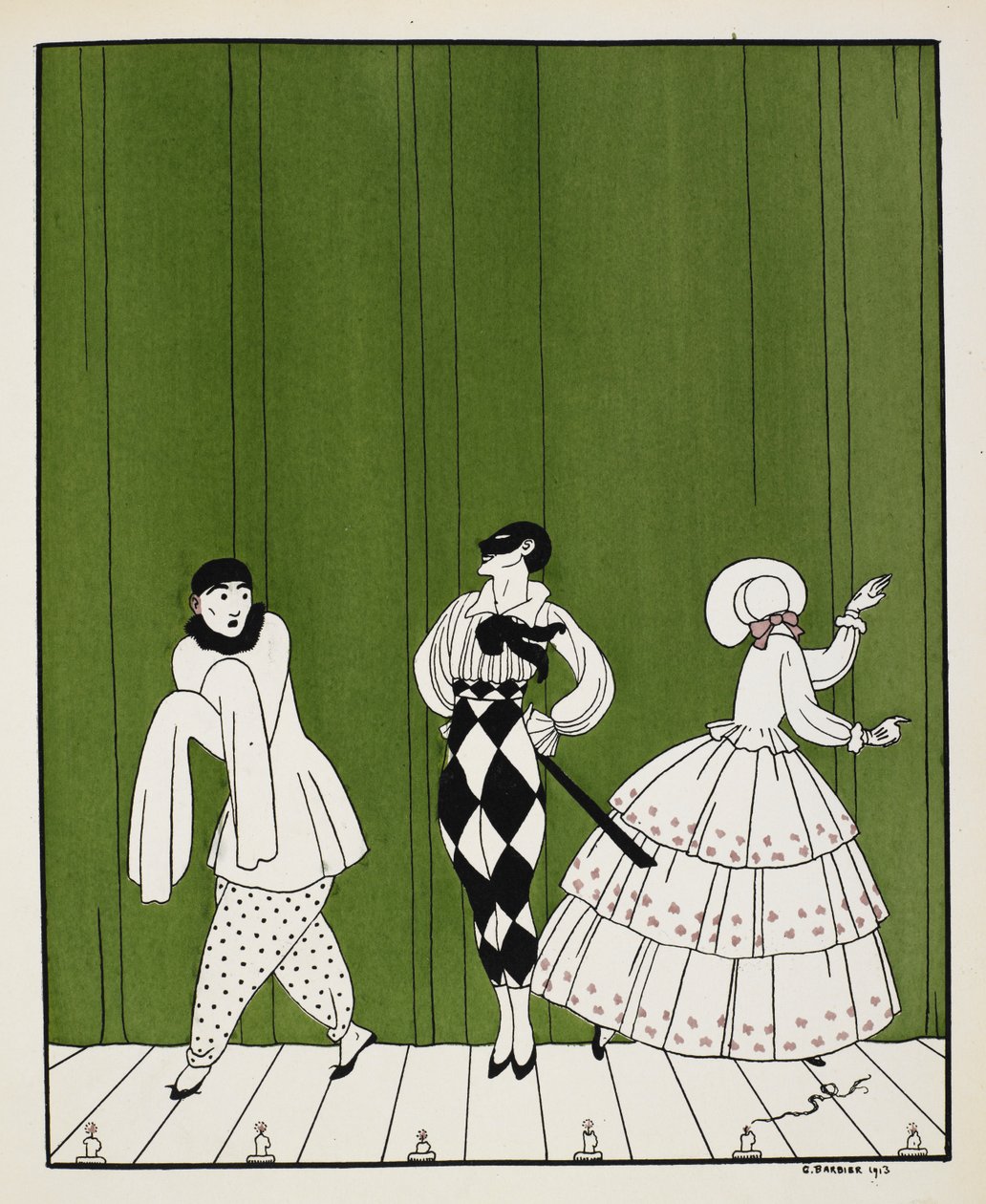 Drei Charaktere aus dem Ballett von 1910, Carnaval, komponiert von Robert Schumann. Links ein Pantomime. In der Mitte ein Mann, gekleidet in ein weißes Hemd mit schwarzer Krawatte und karierten Hosen, mit einer Maske. Rechts eine Frau, die rückwärts schaut von Georges Barbier
