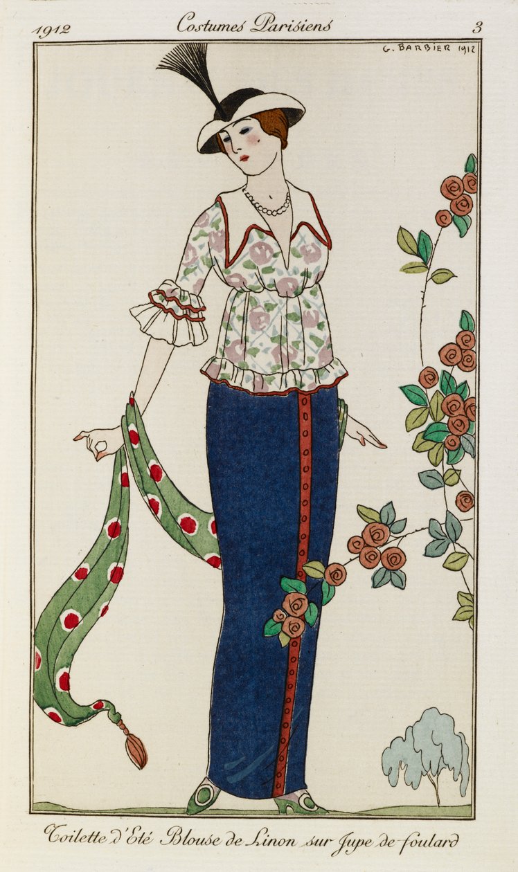 Sommerkleid. Leinenbluse über einem Humpelrock. Pariser Kostüme Nr. 3. Eine Frau trägt eine Sommerbluse und einen Rock. Sie hält einen grünen Schal. Sie trägt einen Hut mit einer Feder von Georges Barbier