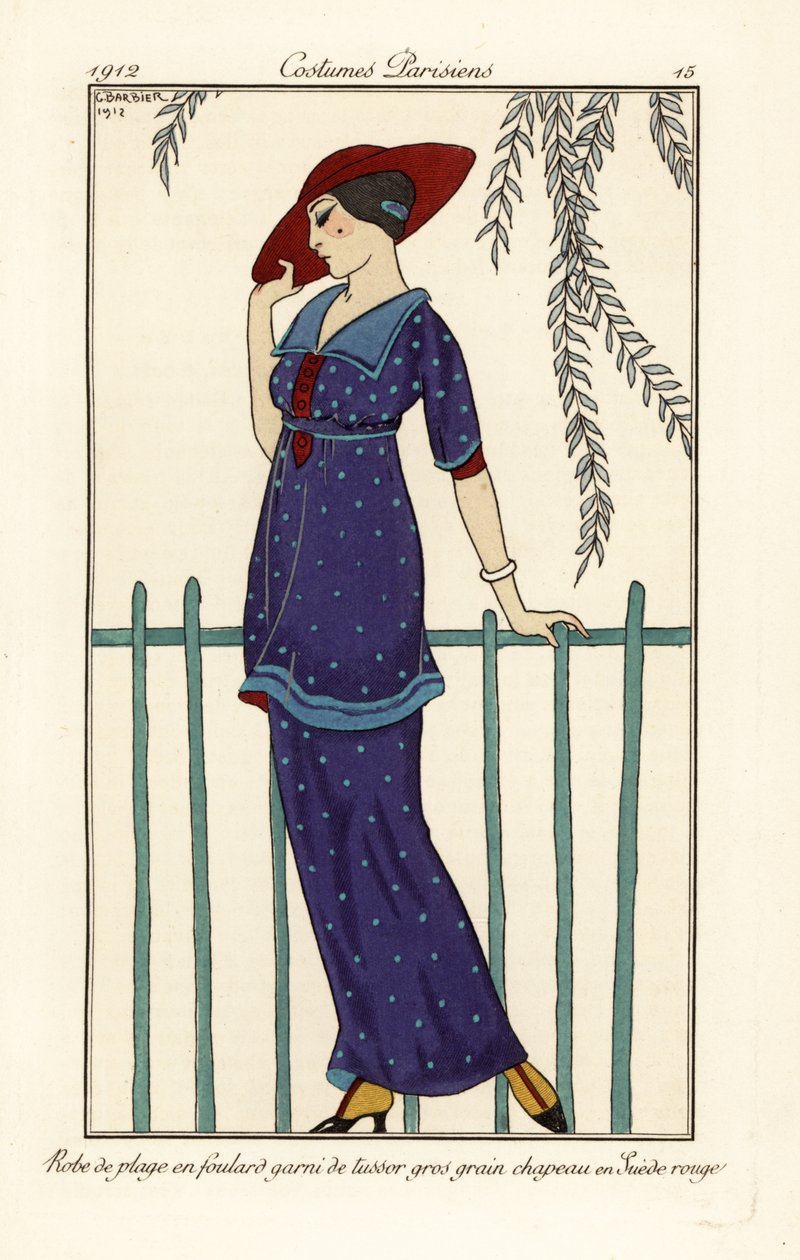 Frau im Strandkleid aus Foulard mit großen Punkten, roter Wildlederhut von Georges Barbier