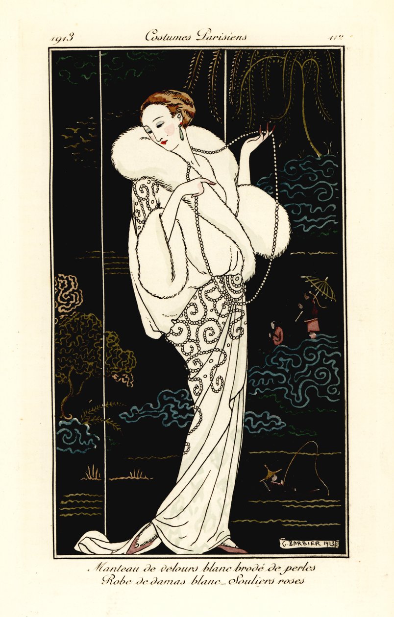 Frau im Samtumhang, Damastkleid und rosa Pantoffeln von Georges Barbier