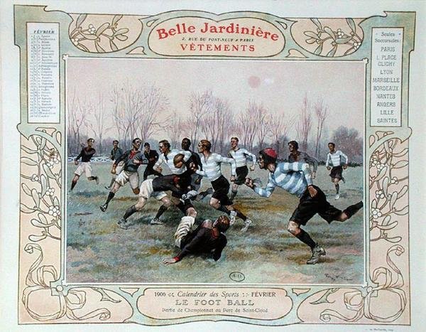Rugby, Illustration für Februar aus einem Kalender für das Bekleidungsgeschäft 