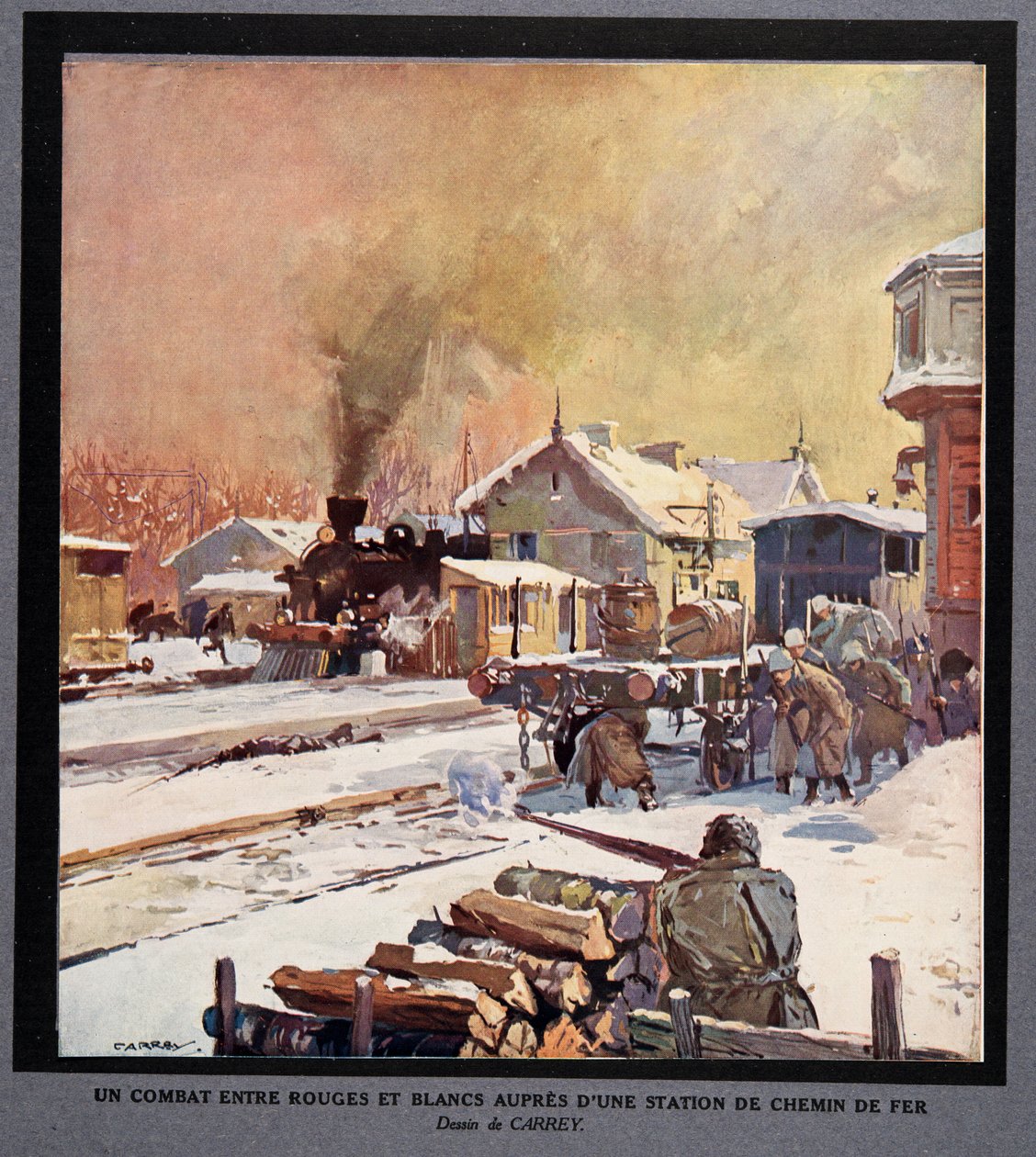 Ein Kampf zwischen der Roten und Weißen Garde an einem Bahnhof, aus Histoire des Soviets, veröffentlicht 1922 von Georges Carrey