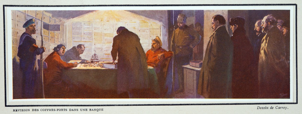 In einem Banktresor während der Revolution, aus Histoire des Soviets, veröffentlicht 1922 von Georges Carrey