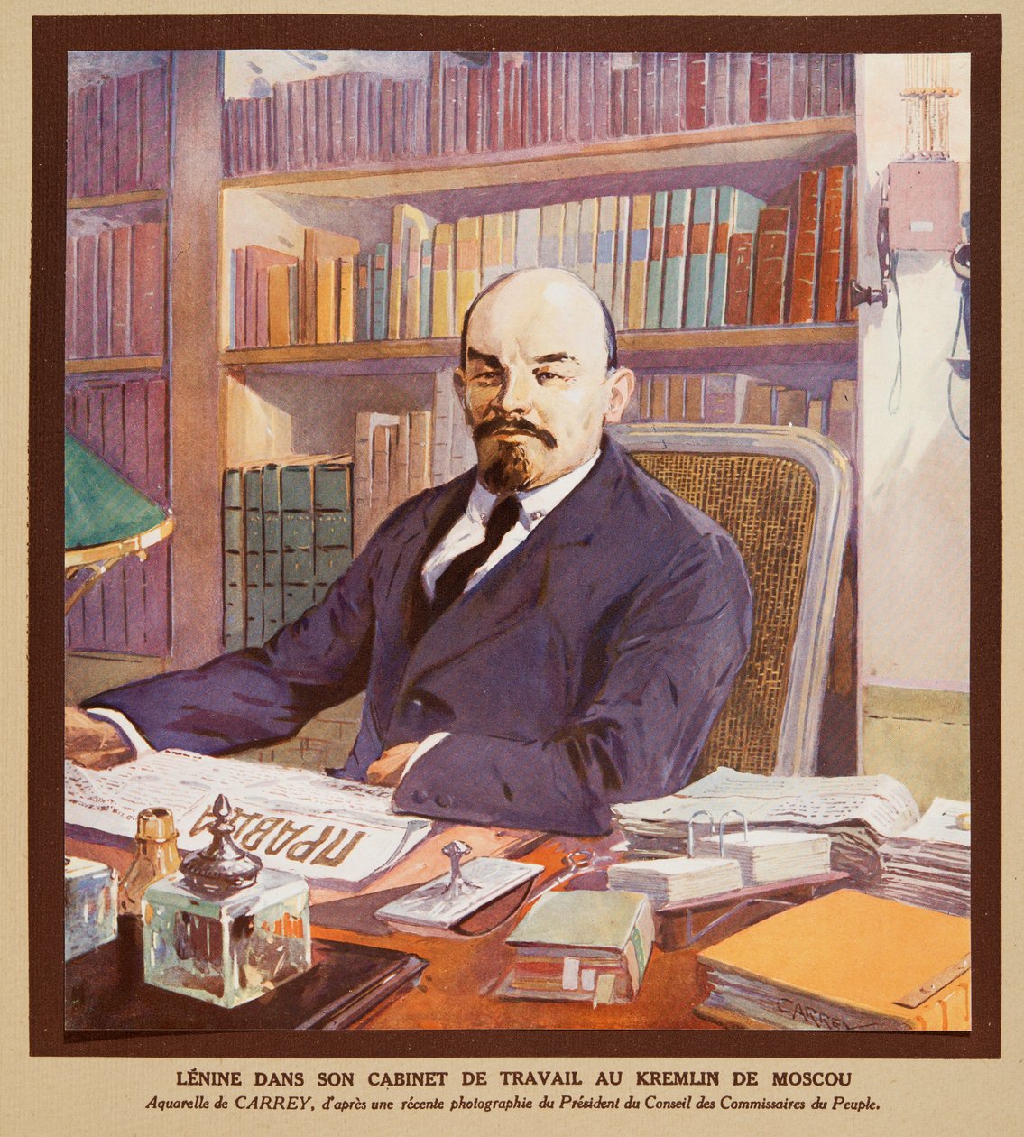 Lenin in seinem Büro im Kreml in Moskau, aus Histoire des Soviets, veröffentlicht 1922 von Georges Carrey